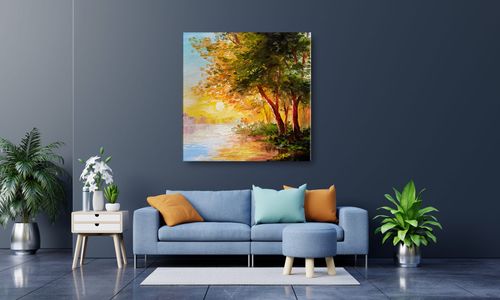 OBRAZ NA PŁÓTNIE 021 Drzewa nad rzeką 50x50cm na Arena.pl