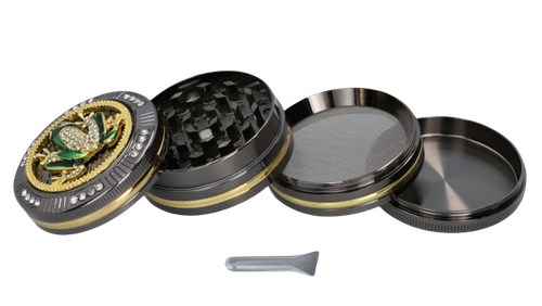 Czarny Młynek do Tytoniu Grinder Metalowy z Żabą Zielono-Srebrno-Złotą na Arena.pl