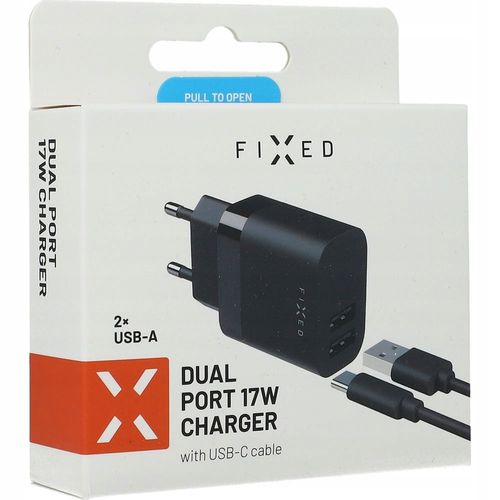 Ladowarka FIXED Ładowarka sieciowa 17W 2xUSB-A + kabel USB-C 1m czarny na Arena.pl