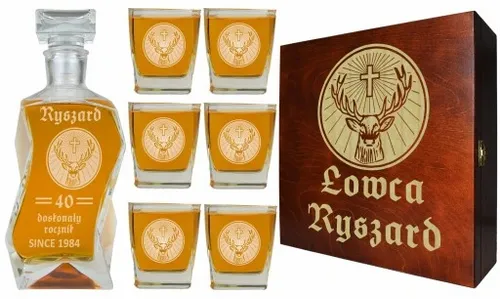 KARAFKA + 6 SZKLANEK DO WHISKY W PUDEŁKU Z GRAWEREM PREZENT DLA MYŚLIWEGO na Arena.pl