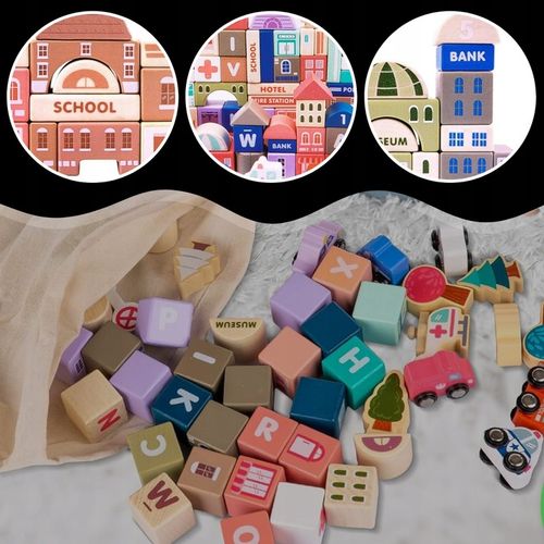 ZESTAW Klocki drewniane Miasto Auta Zestaw Puzzle Mata 115 Klocków EDU na Arena.pl