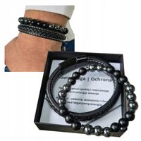 BRANSOLETKA MĘSKA OCHRONA RÓWNOWAGA HEMATYT AGAT + SKÓRA NATURALNA 8mm
