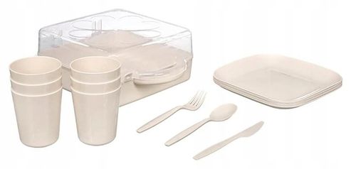 ZESTAW PIKNIKOWY 32 ELEMENTY KUBKI SZTUĆCE POJEMNIK PRZENOŚNY na Arena.pl