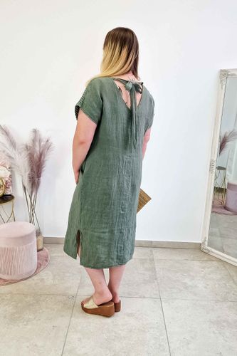 Lniana Sukienka Maxi z Dekoltem V i Wiązaniem na Plecach Oliwkowa UNI na Arena.pl