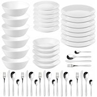 SERWIS OBIADOWY BIAŁY SZKŁO HARTOWANE TALERZE MISKI SZTUĆCE ZESTAW 48EL