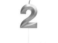 Świeczka urodzinowa cyfra "2", srebrna, mini