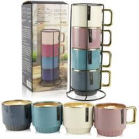 ZESTAW KUBKÓW CERAMICZNYCH 320ML 4 SZT KOLOROWE KUBKI NA METALOWYM STOJAKU