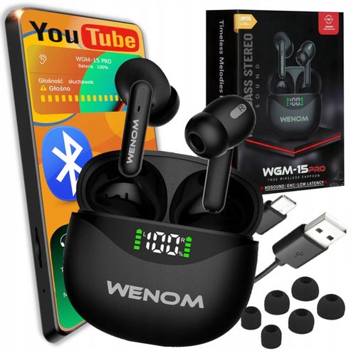 Słuchawki Bluetooth Bezprzewodowe Bluetooth Douszne Czarne Wenom WGM 15 pro na Arena.pl