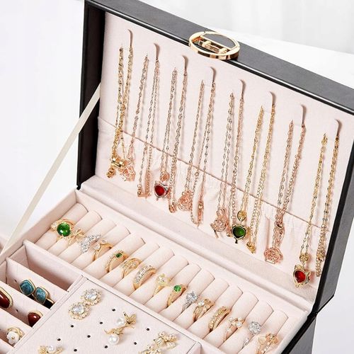 SZKATUŁKA NA BIŻUTERIE Z SZUFLADKAMI CZARNA ORGANIZER TRZY POZIOMY na Arena.pl