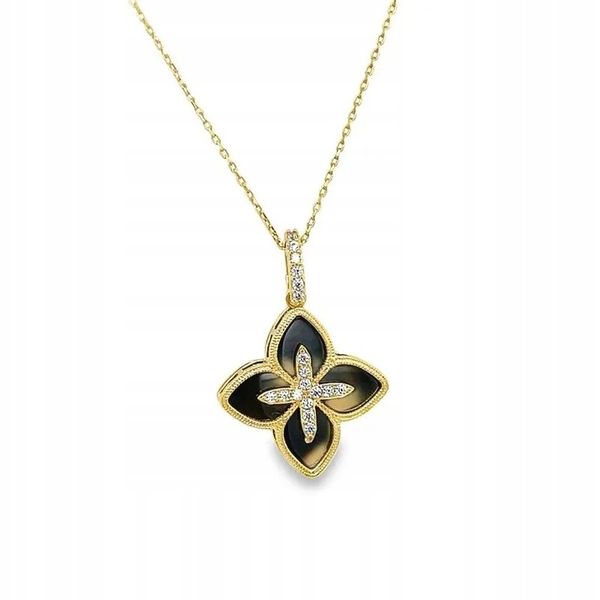 Wyjątkowy kobiecy naszyjnik złoty KWIATEK z cyrkoniami i onyksem 585 14k zdjęcie 8