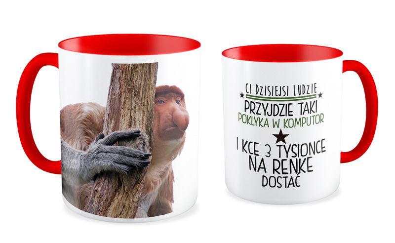 Kubek z nosaczem Ci dzisiejsi ludzie - 330 ml - czerwony zdjęcie 1