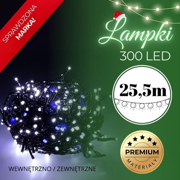 Lampki choinkowe 300 led zimny biały, flash niebieski 25,5 m oświetlenie świąteczne IP44 zdjęcie 2