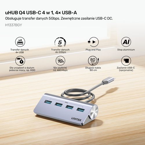 Unitek Ergonomiczny hub USB-C | 4x USB-A | 5Gbps na Arena.pl