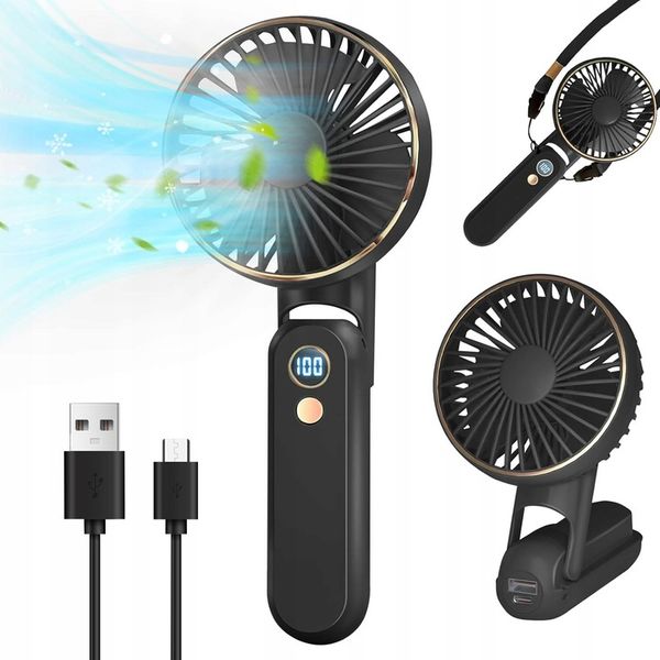 WENTYLATOR RĘCZNY MINI SKŁADANY 5 PRĘDKOŚCI NAWIEWU I 180° PRZENOŚNY CZARNY zdjęcie 1