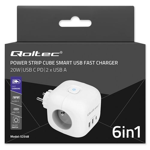 Qoltec Kostka zasilająca 6w1, 2xUSB, USB-C 20W, 1xPD Biała na Arena.pl