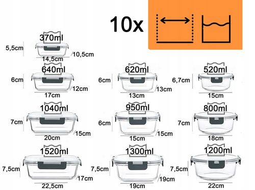 10 X LUNCHBOX SZKLANE POJEMNIKI NA ŻYWNOŚĆ USZCZELKA ŻAROODPORNE ZESTAW na Arena.pl