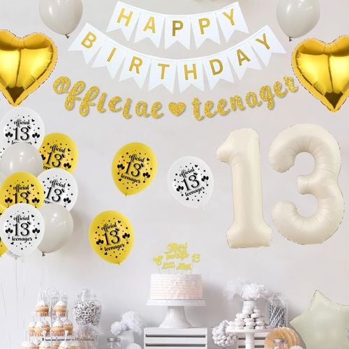 Zestaw Dekoracji 13 Urodziny 66 Sztuk Biało Złote Balony Baner Konfetti na Arena.pl