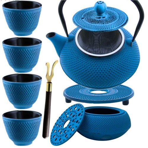 zaparzacz żeliwny dzbanek niebieski 900ml z podgrzewaczem i filiżankam na Arena.pl