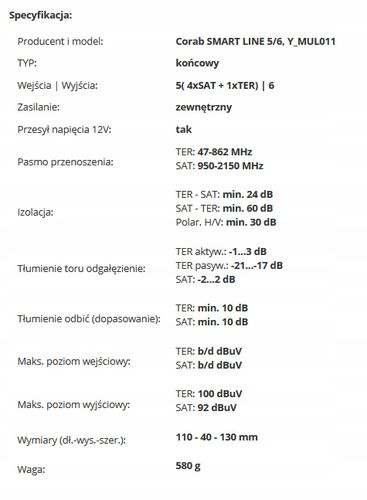 MULTISWITCH SMART LINE 5/6 CORAB TV SAT DVB-S2 na Arena.pl