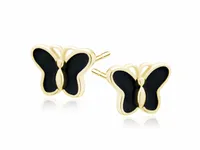 DELIKATNE POZŁACANE SREBRNE KOLCZYKI MOTYLKI WKRĘTKI CZARNA EMALIA