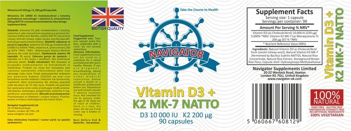 Navigator Witamina D3 10000 IU + Wit. K2 MK-7 200 90 kaps. Mocne kości zdjęcie 2