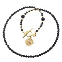 Naszyjnik- Turmalin czarny kulki, zawieszka oko proroka i srebro złocone