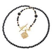 Naszyjnik- Turmalin czarny kulki, zawieszka oko proroka i srebro złocone