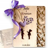 PERSONALIZOWANA Kartka Ślub Ślubna Drewniana kartka Grawer serca Para Młoda