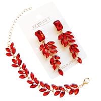 Komplet kolczyki i bransoletka pozłacany z czerwonymi listkami wesele