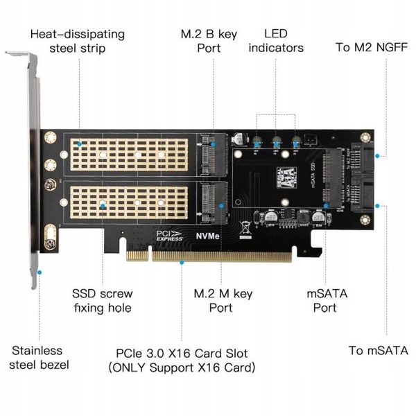 Adapter 3x dysk M.2: SATA + NVMe + mSATA PCI-e x16 zdjęcie 2