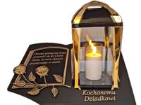 DZIADEK ZNICZ LAMPION NA GRÓB KPL ZŁOTO SKOS SENTENCJA+ ŚWIECA