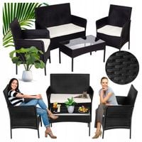 Zestaw Mebli Ogrodowych Komplet Stół Ławka 2 Fotele Czarny + Jasne Poduszki