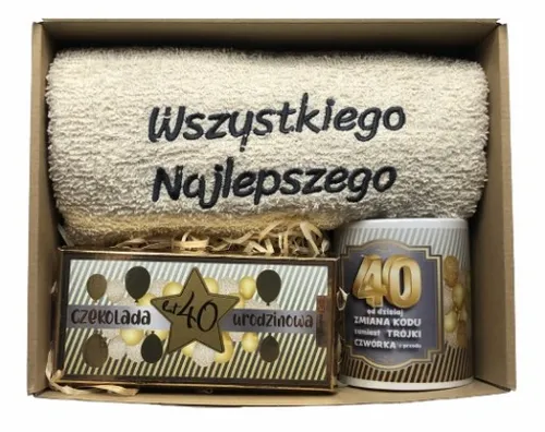 PREZENT NA URODZINY 18-70 Zestaw Kosz Prezentowy Ręcznik Kubek Czekolada na Arena.pl