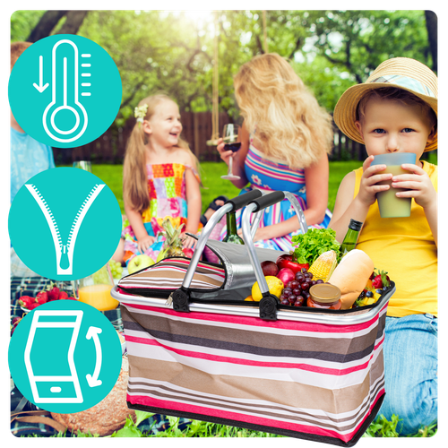 Kosz Piknikowy Termiczny Na Zakupy Duży 30 Litrów Składany Różowe Paski na Arena.pl