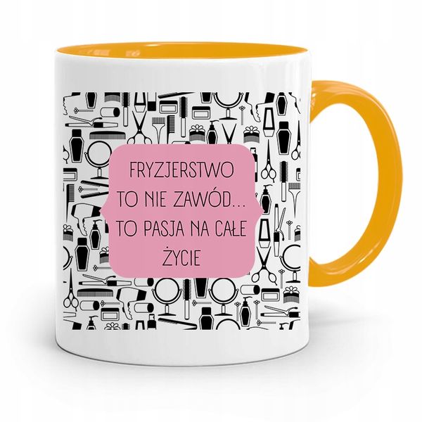 Kubek Żółty Fryzjerki To Pasja Na Całe Życie Z Nadrukiem Ze Zdjęciem zdjęcie 1