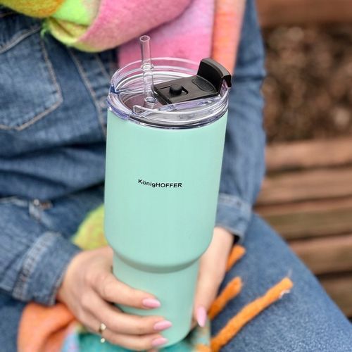 KUBEK TERMICZNY ze słomką PRÓŻNIOWY ZIELONY DUŻY Konighoffer Davos 1200 ml na Arena.pl