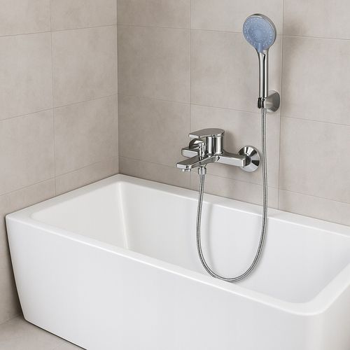 Bateria wannowa ścienna z prysznicem chrom srebrna słuchawka z wężem YOKA na Arena.pl