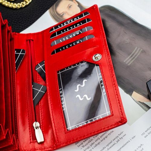 Duży Pojemny Portfel Damski Skórzany STEVENS Czerwony Z Ochroną RFID na Arena.pl