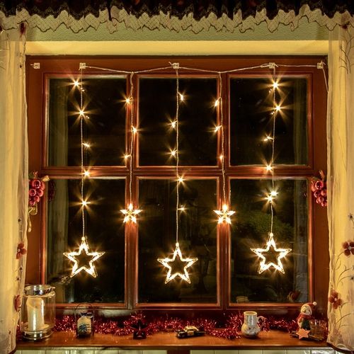 Świąteczna kurtyna 5 gwiazdek, oswietlenie 61 LED, ciepła biel+ pilot na Arena.pl