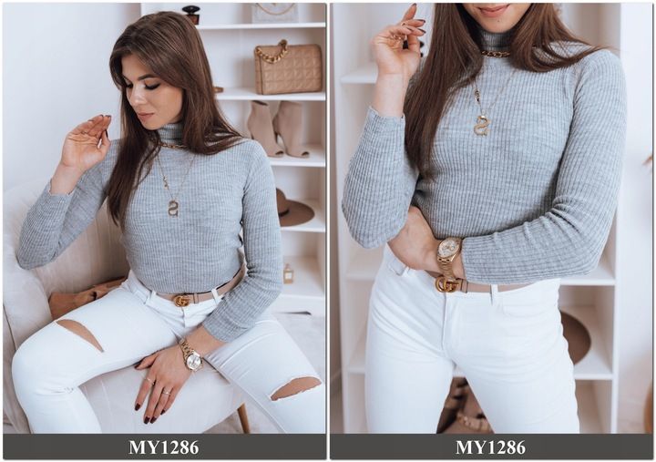 PRĄŻKOWANY SWETER DAMSKI GOLF KOLORY ox129 UNI zdjęcie 2