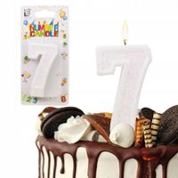 ŚWIECZKA URODZINOWA LICZBA 7 SIEDEM BIAŁA BROKATOWA NA TORT CYFRA SIÓDEMKA