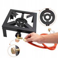 ŻELIWNY TABORET GAZOWY PALNIK 25x25cm ZESTAW REDUKTOR WĄŻ DUŻA MOC LPG