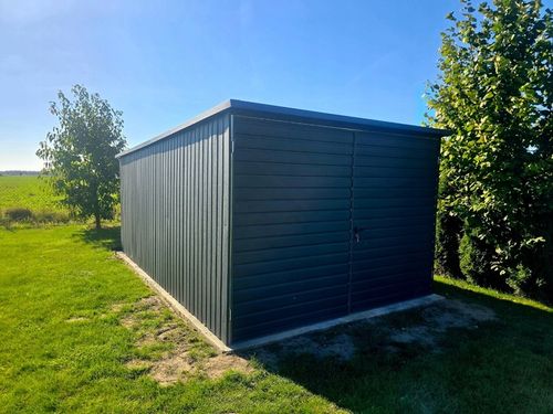 Garaż blaszany 3x5 grafit jednospadowy brama dwuskrzydłowa pion na Arena.pl