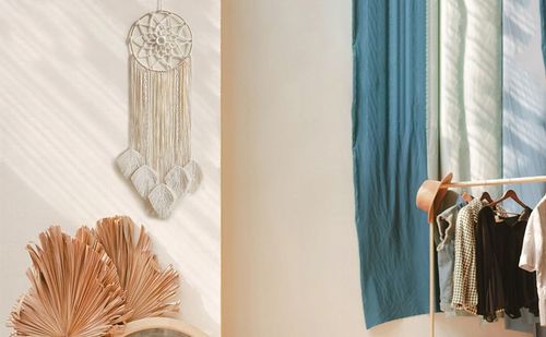 MAKRAMA NA ŚCIANĘ BOHO ŁAPACZ SNÓW OZDOBA ŚCIENNA ZE SZNURKA LIŚCIE OZDOBNE na Arena.pl