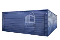 GARAŻ BLASZANY 6m x 5,80m poziom - spad tył - Brama uchylna + drzwi + 2x okno - antracyt grafit