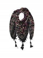 Chustka apaszka z frędzlami folk czarna w beżowe i różowe kwiaty 52