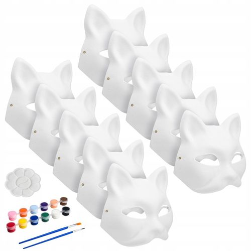 10× DIY PUSTE, RĘCZNIE MALOWANE MASKI MASKA KOT + 2× PĘDZLE + 12× FARBA na Arena.pl