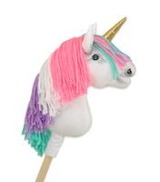 hobby horse jednorożec na kiju mały biały z kolorową grzywą i złotym rogiem