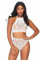 leg avenue halter crop top & high waist thong komplet koronkowy czarny