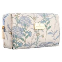 kosmetyczka z poliestru w błękitnym kolorze, jednokomorowa i ozdobiona